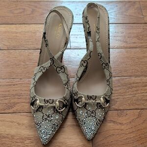 Gucci Women's Patterned Beige Slingback Heels